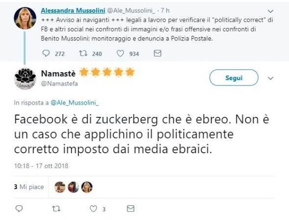 La Mussolini mette like a commenti antisemiti, è polemica