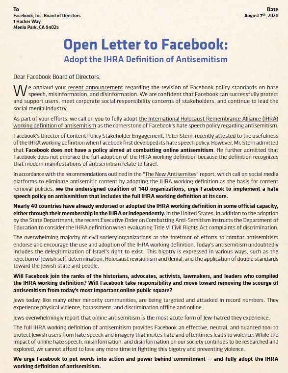 Antisemitismo, 124 ong chiedono a Facebook di adottare definizione IHRA